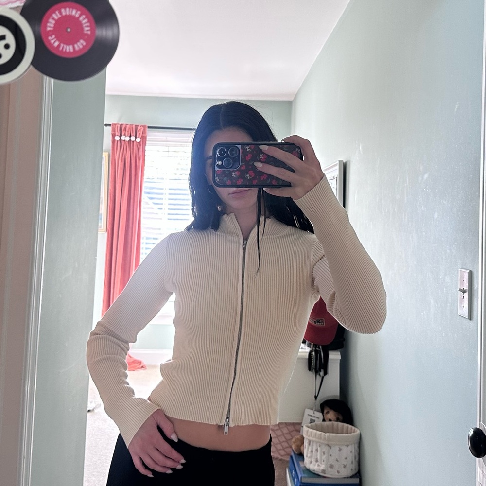 Cream Brandy Melville Zip-Up Ribbed Sweater